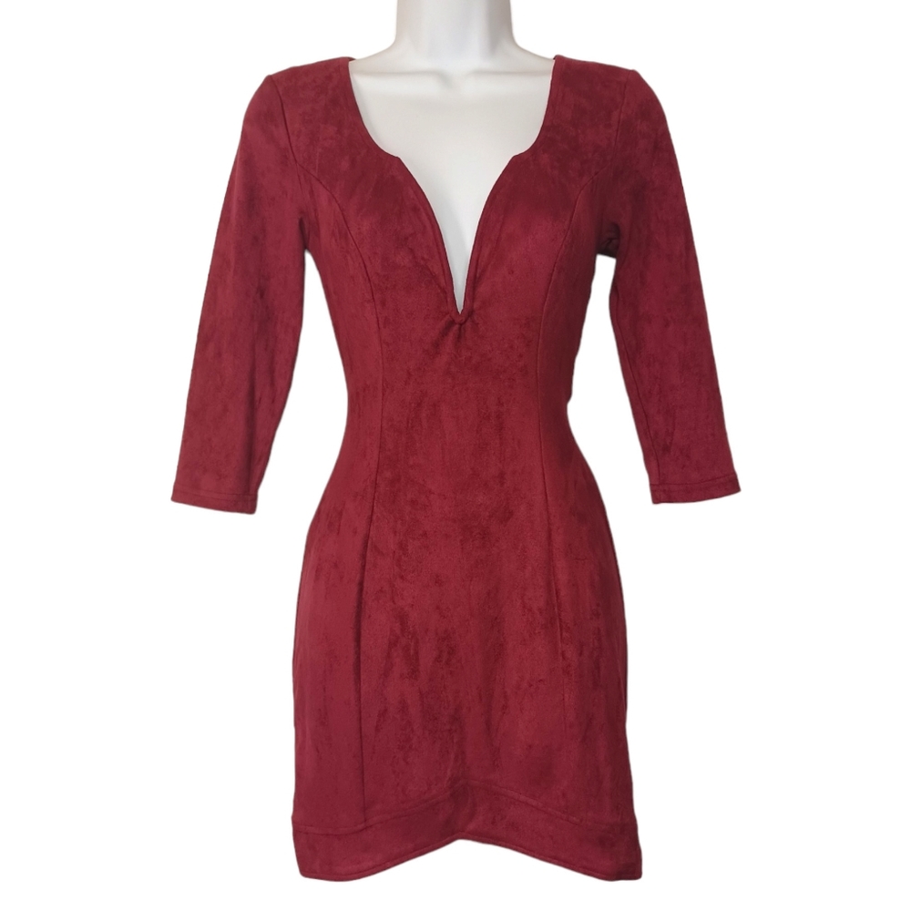 WINDSOR Faux Suede Burgundy Red V Neck Bodycon Mini Cocktail Dress Small